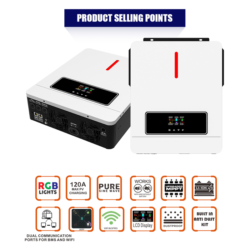  Inversor solar ECO 6.2KW On/off Grid 60~500VDC 120A Controlador de cargador MPPT Puertos de comunicación duales para comunicación de batería y comunicación Wifi