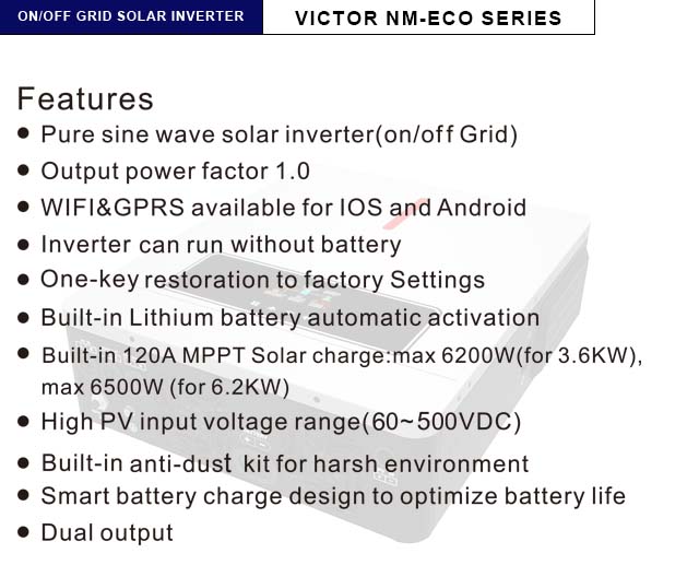 NM-ECO On/Off Grid 6.2KW 48V Inversor solar 120A MPPT Controlador de cargador Luz RGB Salida dual 230VAC