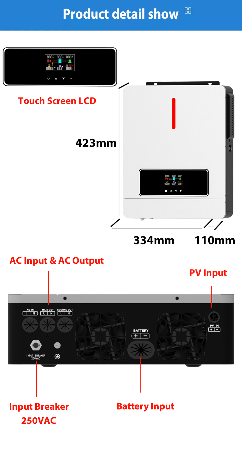 NM-ECO On/Off Grid 6.2KW 48V Inversor solar 120A MPPT Controlador de cargador Luz RGB Salida dual 230VAC