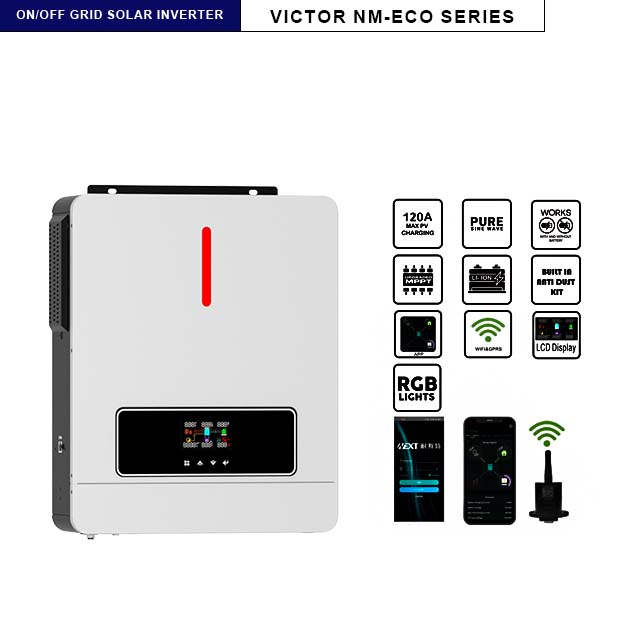 NM-ECO On/Off Grid 6.2KW 48V Inversor solar 120A MPPT Controlador de cargador Luz RGB Salida dual 230VAC